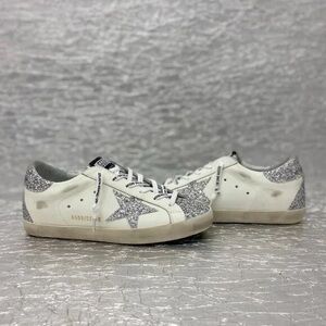 Golden Goose White Leather Sneakers with Silver Glitter Star